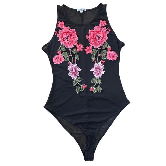 Charlotte Russe Black Mesh Pink Floral Appliqué Bodysuit SZ Medium Fairy Flirty - Picture 1 of 14